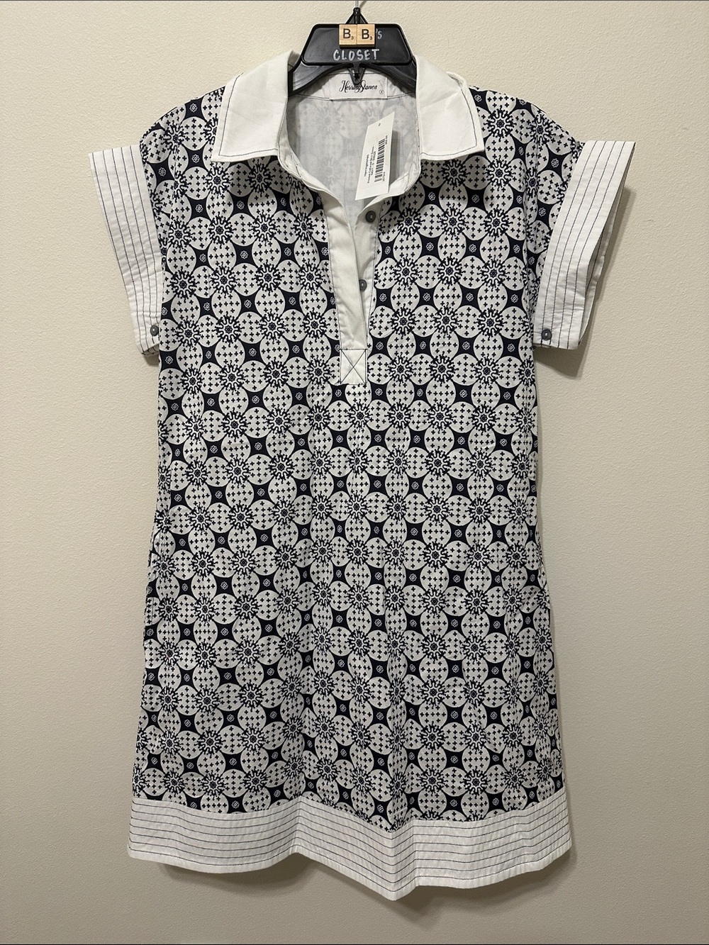 HerringStones Navy & White Printed Collared Shirt Dress, Size S, New with Tags